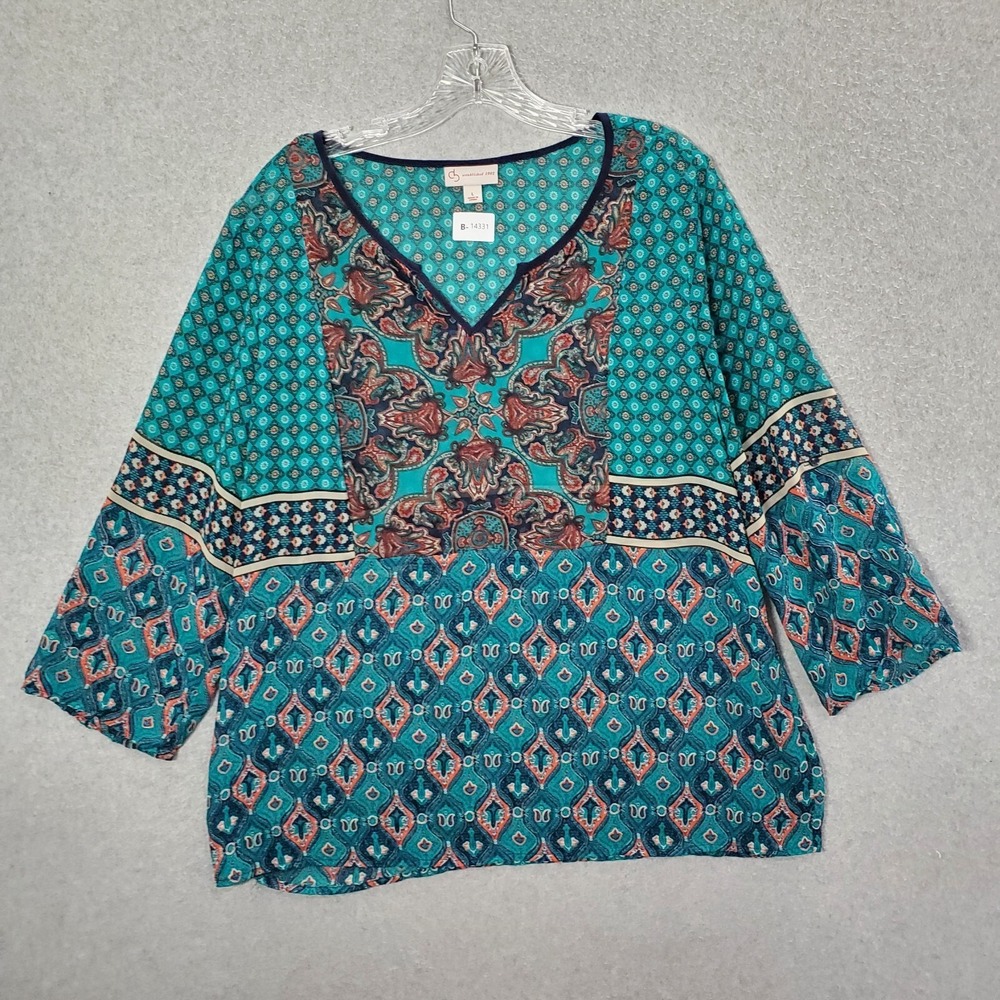 Dressbarn Women Top‎ Large Green Geometric Blouse Boho Sheer 3/4 Sleeve V Neck